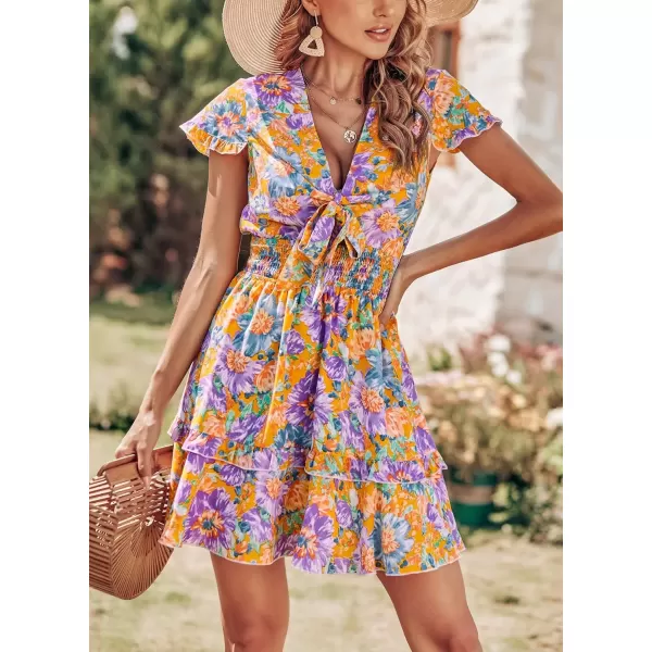 imagePRETTYGARDEN Womens 2024 Summer Swing Mini Dress Tie Front V Neck Short Sleeve Ruffle Layer ALine Short DressFloral Orange