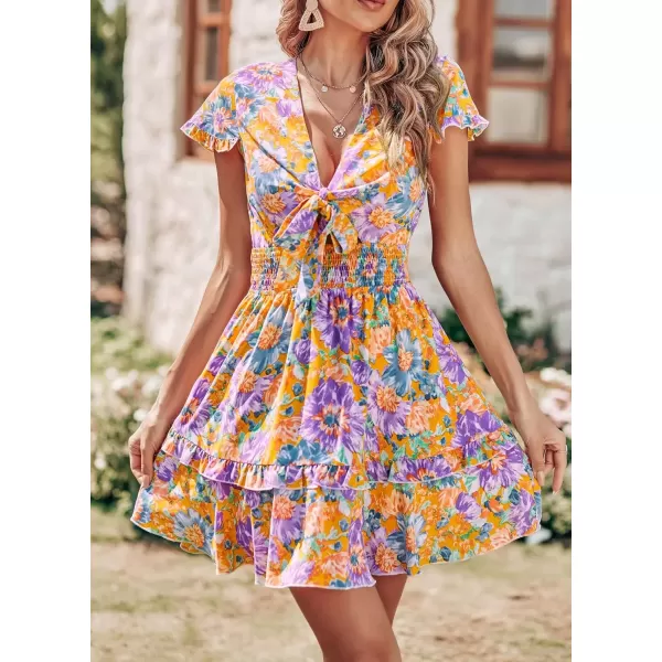 imagePRETTYGARDEN Womens 2024 Summer Swing Mini Dress Tie Front V Neck Short Sleeve Ruffle Layer ALine Short DressFloral Orange