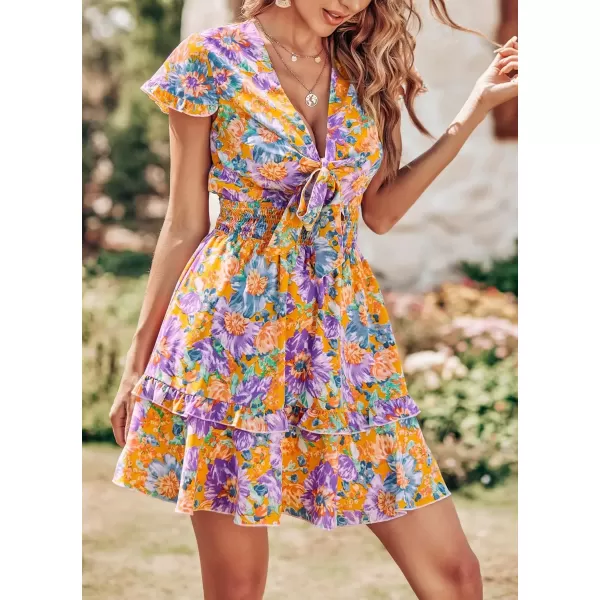 imagePRETTYGARDEN Womens 2024 Summer Swing Mini Dress Tie Front V Neck Short Sleeve Ruffle Layer ALine Short DressFloral Orange