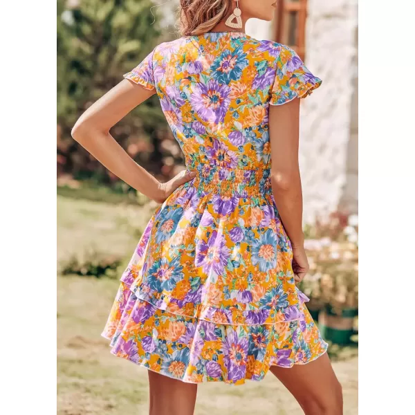 imagePRETTYGARDEN Womens 2024 Summer Swing Mini Dress Tie Front V Neck Short Sleeve Ruffle Layer ALine Short DressFloral Orange