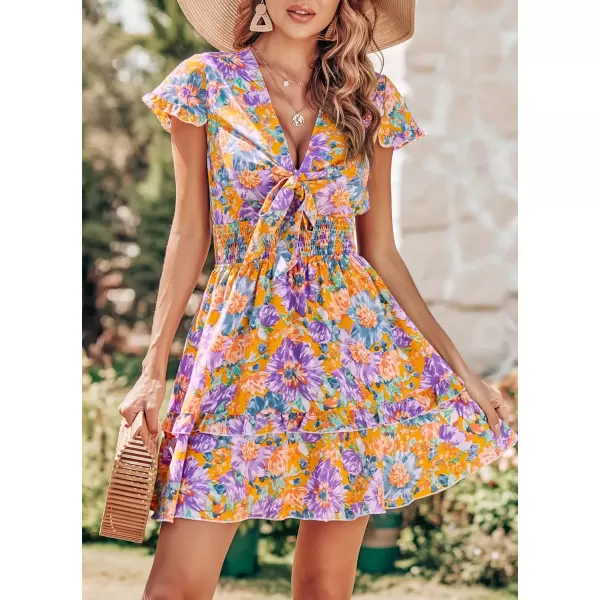 imagePRETTYGARDEN Womens 2024 Summer Swing Mini Dress Tie Front V Neck Short Sleeve Ruffle Layer ALine Short DressFloral Orange