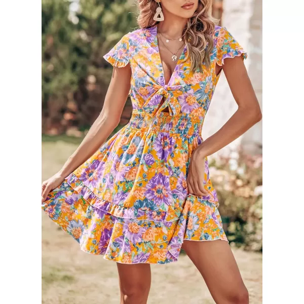 imagePRETTYGARDEN Womens 2024 Summer Swing Mini Dress Tie Front V Neck Short Sleeve Ruffle Layer ALine Short DressFloral Orange