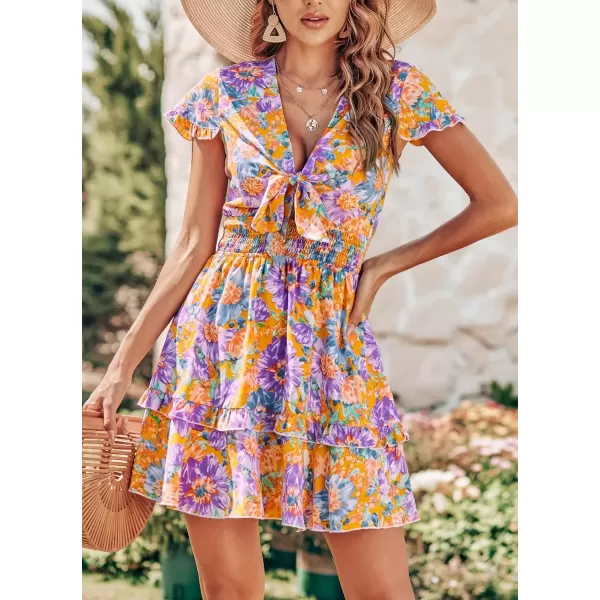 imagePRETTYGARDEN Womens 2024 Summer Swing Mini Dress Tie Front V Neck Short Sleeve Ruffle Layer ALine Short DressFloral Orange