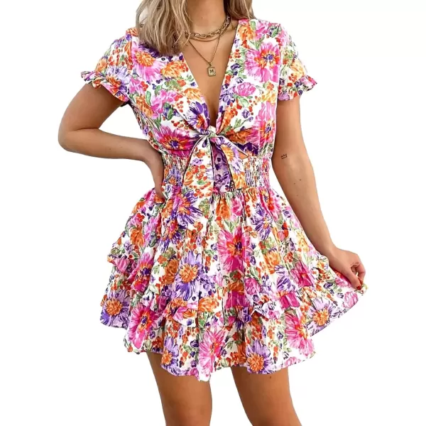 imagePRETTYGARDEN Womens 2024 Summer Swing Mini Dress Tie Front V Neck Short Sleeve Ruffle Layer ALine Short DressFloral White
