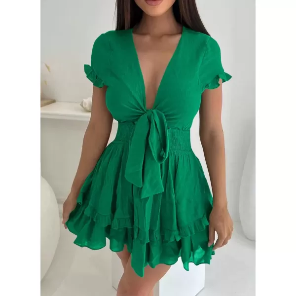 imagePRETTYGARDEN Womens 2024 Summer Swing Mini Dress Tie Front V Neck Short Sleeve Ruffle Layer ALine Short DressGreen