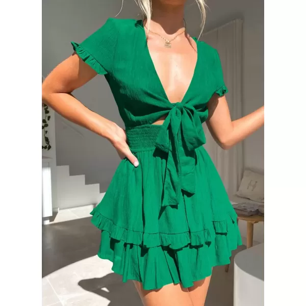 imagePRETTYGARDEN Womens 2024 Summer Swing Mini Dress Tie Front V Neck Short Sleeve Ruffle Layer ALine Short DressGreen