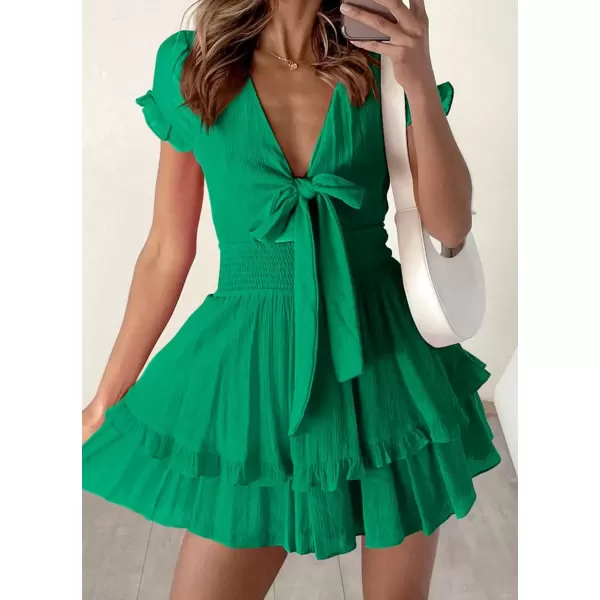 imagePRETTYGARDEN Womens 2024 Summer Swing Mini Dress Tie Front V Neck Short Sleeve Ruffle Layer ALine Short DressGreen