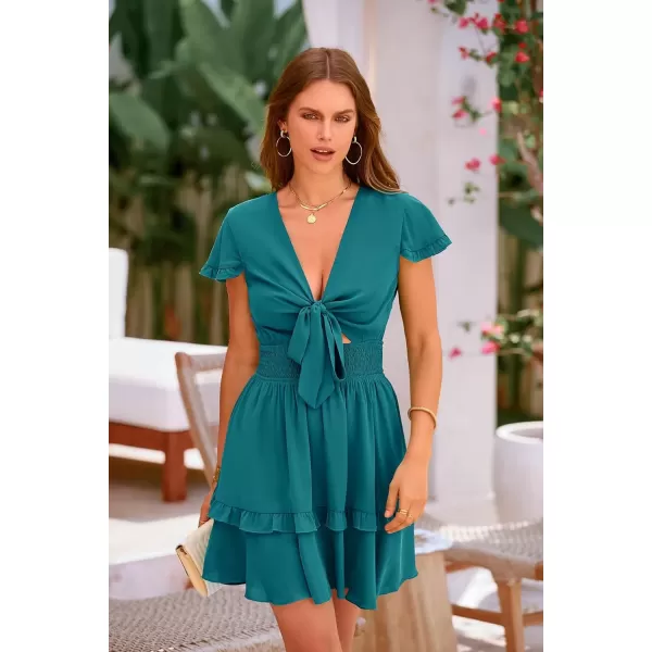imagePRETTYGARDEN Womens 2024 Summer Swing Mini Dress Tie Front V Neck Short Sleeve Ruffle Layer ALine Short DressLake Blue