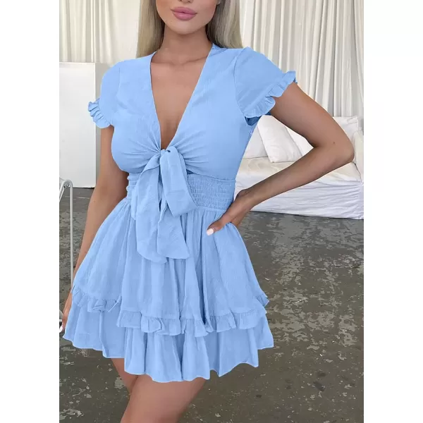 imagePRETTYGARDEN Womens 2024 Summer Swing Mini Dress Tie Front V Neck Short Sleeve Ruffle Layer ALine Short DressLight Blue