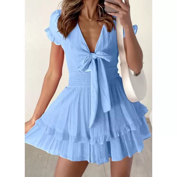 imagePRETTYGARDEN Womens 2024 Summer Swing Mini Dress Tie Front V Neck Short Sleeve Ruffle Layer ALine Short DressLight Blue