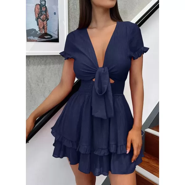 imagePRETTYGARDEN Womens 2024 Summer Swing Mini Dress Tie Front V Neck Short Sleeve Ruffle Layer ALine Short DressNavy