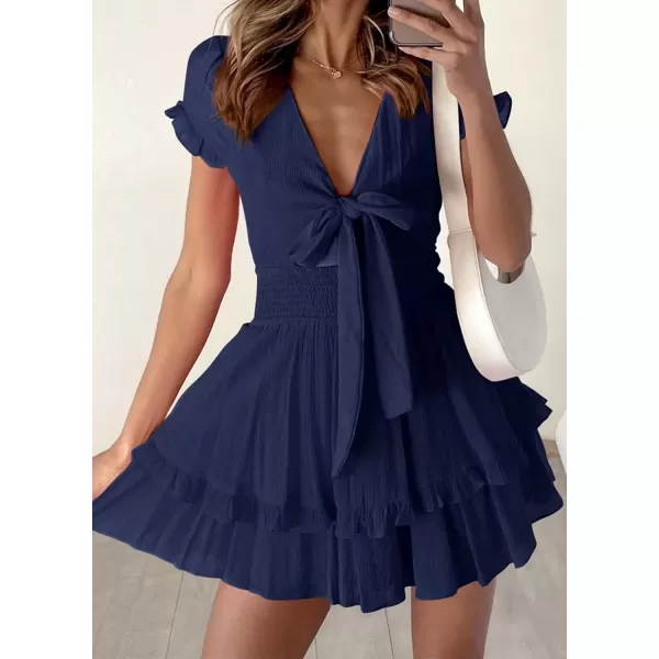 imagePRETTYGARDEN Womens 2024 Summer Swing Mini Dress Tie Front V Neck Short Sleeve Ruffle Layer ALine Short DressNavy