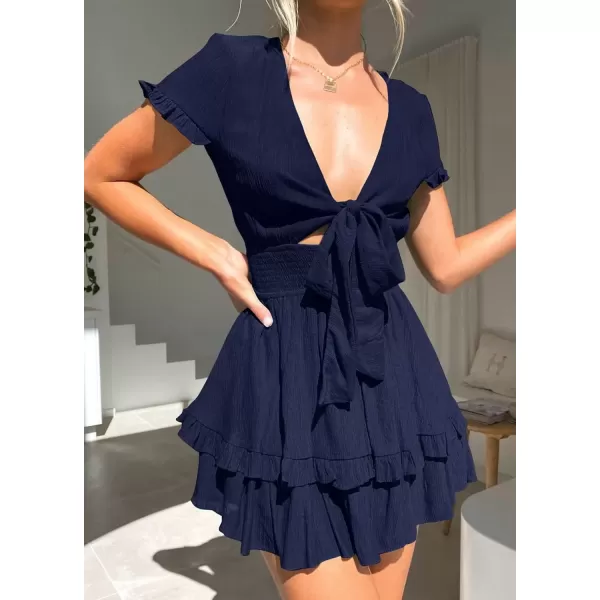 imagePRETTYGARDEN Womens 2024 Summer Swing Mini Dress Tie Front V Neck Short Sleeve Ruffle Layer ALine Short DressNavy