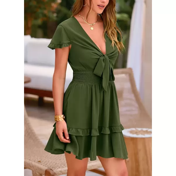 imagePRETTYGARDEN Womens 2024 Summer Swing Mini Dress Tie Front V Neck Short Sleeve Ruffle Layer ALine Short DressOlive Green