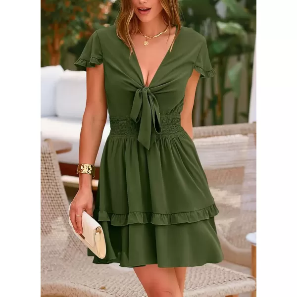 imagePRETTYGARDEN Womens 2024 Summer Swing Mini Dress Tie Front V Neck Short Sleeve Ruffle Layer ALine Short DressOlive Green