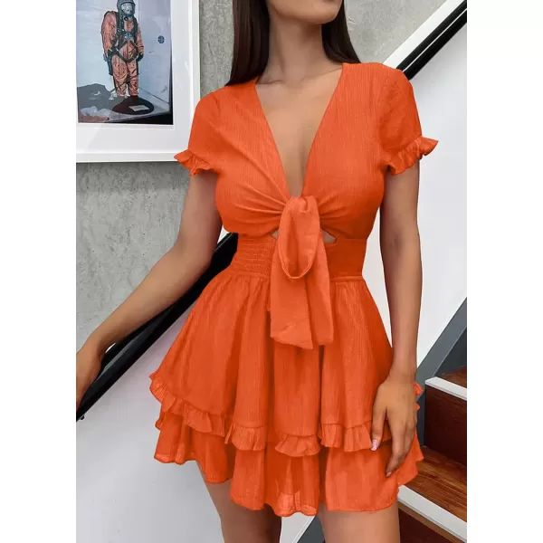 imagePRETTYGARDEN Womens 2024 Summer Swing Mini Dress Tie Front V Neck Short Sleeve Ruffle Layer ALine Short DressOrange