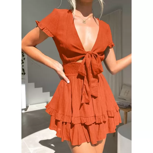 imagePRETTYGARDEN Womens 2024 Summer Swing Mini Dress Tie Front V Neck Short Sleeve Ruffle Layer ALine Short DressOrange