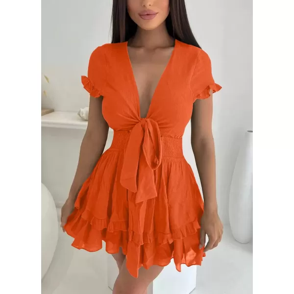 imagePRETTYGARDEN Womens 2024 Summer Swing Mini Dress Tie Front V Neck Short Sleeve Ruffle Layer ALine Short DressOrange