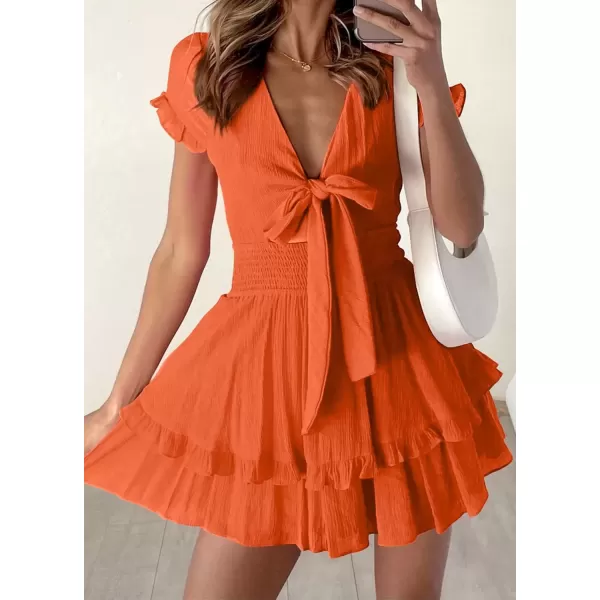 imagePRETTYGARDEN Womens 2024 Summer Swing Mini Dress Tie Front V Neck Short Sleeve Ruffle Layer ALine Short DressOrange