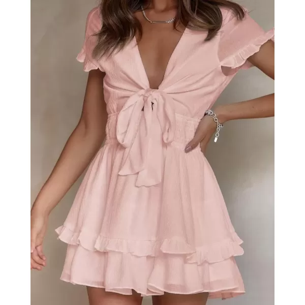 imagePRETTYGARDEN Womens 2024 Summer Swing Mini Dress Tie Front V Neck Short Sleeve Ruffle Layer ALine Short DressPink