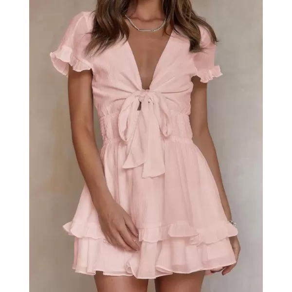 imagePRETTYGARDEN Womens 2024 Summer Swing Mini Dress Tie Front V Neck Short Sleeve Ruffle Layer ALine Short DressPink