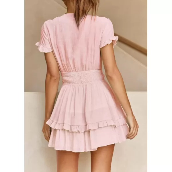 imagePRETTYGARDEN Womens 2024 Summer Swing Mini Dress Tie Front V Neck Short Sleeve Ruffle Layer ALine Short DressPink