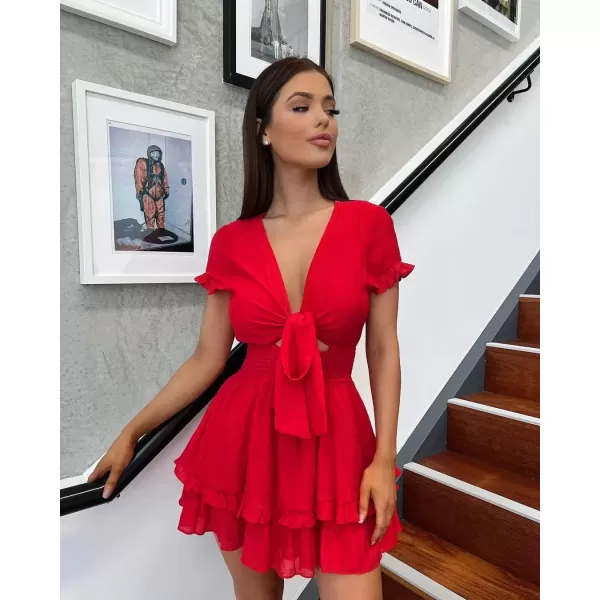 imagePRETTYGARDEN Womens 2024 Summer Swing Mini Dress Tie Front V Neck Short Sleeve Ruffle Layer ALine Short DressRed