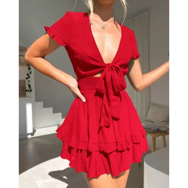 imagePRETTYGARDEN Womens 2024 Summer Swing Mini Dress Tie Front V Neck Short Sleeve Ruffle Layer ALine Short DressRed