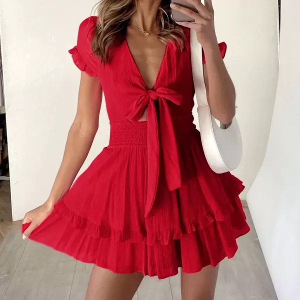 imagePRETTYGARDEN Womens 2024 Summer Swing Mini Dress Tie Front V Neck Short Sleeve Ruffle Layer ALine Short DressRed