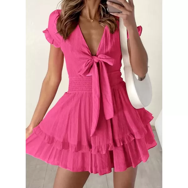imagePRETTYGARDEN Womens 2024 Summer Swing Mini Dress Tie Front V Neck Short Sleeve Ruffle Layer ALine Short DressRose Red
