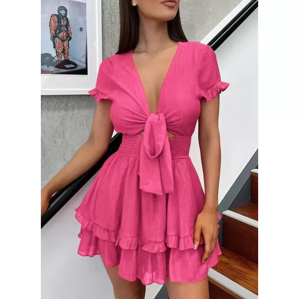 imagePRETTYGARDEN Womens 2024 Summer Swing Mini Dress Tie Front V Neck Short Sleeve Ruffle Layer ALine Short DressRose Red