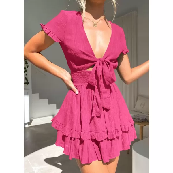 imagePRETTYGARDEN Womens 2024 Summer Swing Mini Dress Tie Front V Neck Short Sleeve Ruffle Layer ALine Short DressRose Red