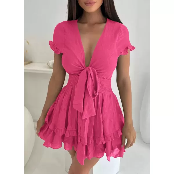 imagePRETTYGARDEN Womens 2024 Summer Swing Mini Dress Tie Front V Neck Short Sleeve Ruffle Layer ALine Short DressRose Red