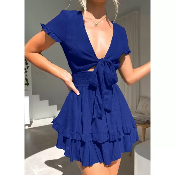 imagePRETTYGARDEN Womens 2024 Summer Swing Mini Dress Tie Front V Neck Short Sleeve Ruffle Layer ALine Short DressRoyal Blue