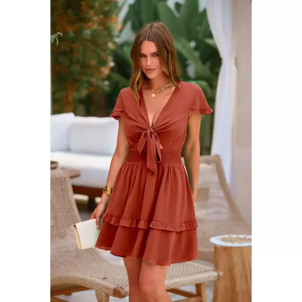 imagePRETTYGARDEN Womens 2024 Summer Swing Mini Dress Tie Front V Neck Short Sleeve Ruffle Layer ALine Short DressRust Red