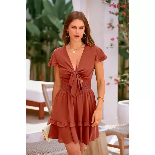 imagePRETTYGARDEN Womens 2024 Summer Swing Mini Dress Tie Front V Neck Short Sleeve Ruffle Layer ALine Short DressRust Red