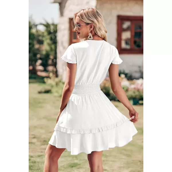 imagePRETTYGARDEN Womens 2024 Summer Swing Mini Dress Tie Front V Neck Short Sleeve Ruffle Layer ALine Short DressWhite