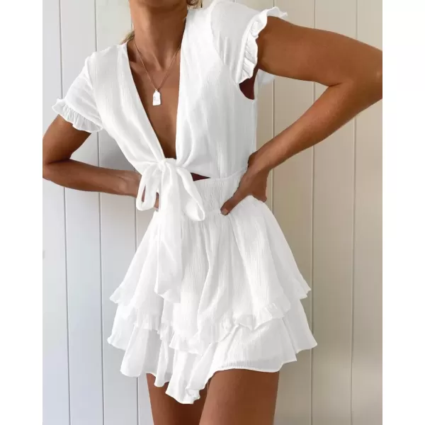 imagePRETTYGARDEN Womens 2024 Summer Swing Mini Dress Tie Front V Neck Short Sleeve Ruffle Layer ALine Short DressWhite