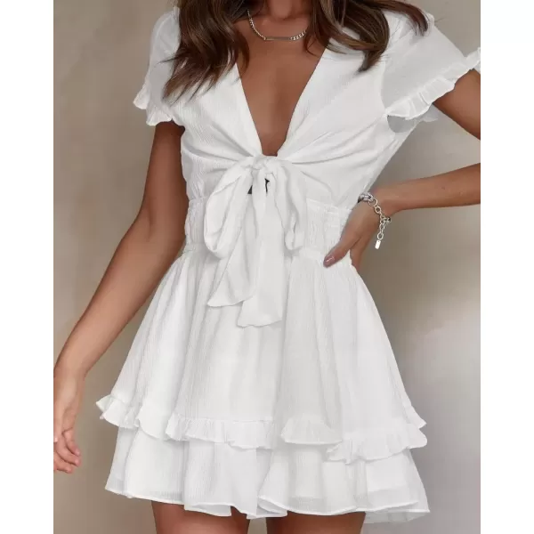 imagePRETTYGARDEN Womens 2024 Summer Swing Mini Dress Tie Front V Neck Short Sleeve Ruffle Layer ALine Short DressWhite