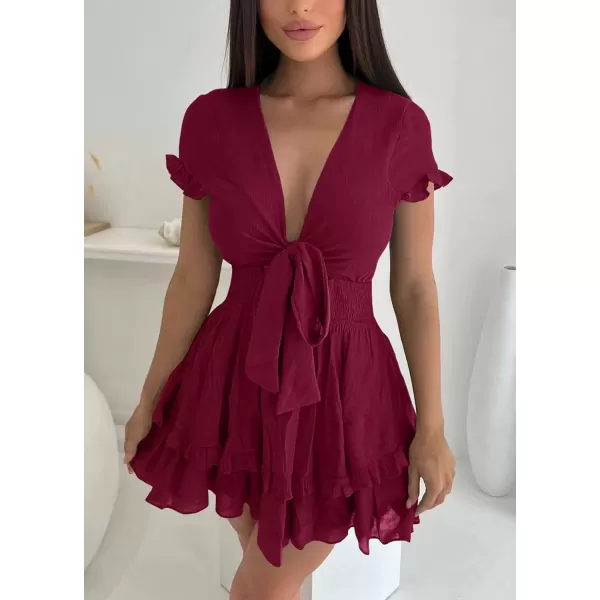 imagePRETTYGARDEN Womens 2024 Summer Swing Mini Dress Tie Front V Neck Short Sleeve Ruffle Layer ALine Short DressWine Red