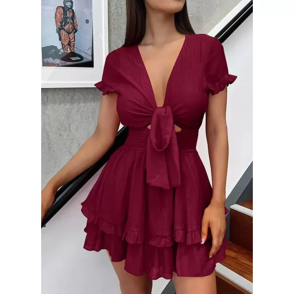 imagePRETTYGARDEN Womens 2024 Summer Swing Mini Dress Tie Front V Neck Short Sleeve Ruffle Layer ALine Short DressWine Red