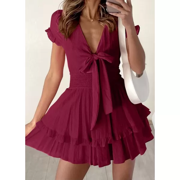 imagePRETTYGARDEN Womens 2024 Summer Swing Mini Dress Tie Front V Neck Short Sleeve Ruffle Layer ALine Short DressWine Red