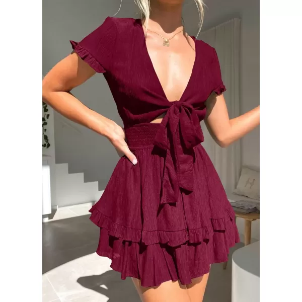 imagePRETTYGARDEN Womens 2024 Summer Swing Mini Dress Tie Front V Neck Short Sleeve Ruffle Layer ALine Short DressWine Red