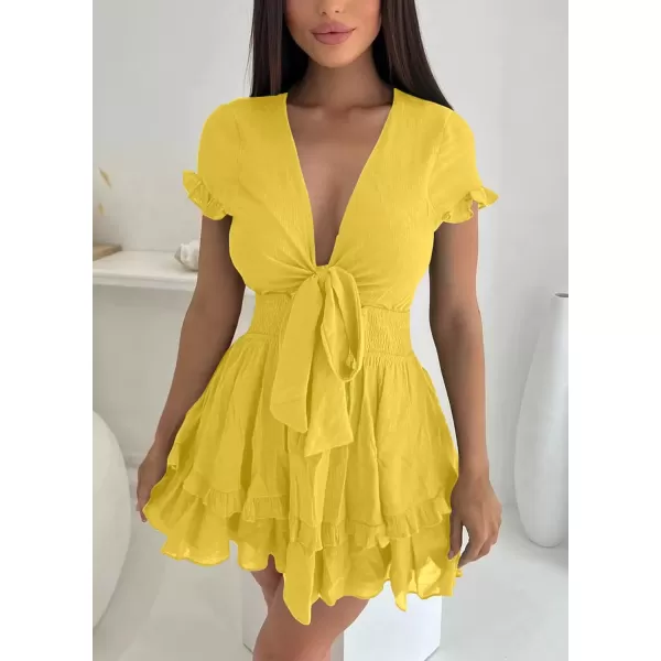 imagePRETTYGARDEN Womens 2024 Summer Swing Mini Dress Tie Front V Neck Short Sleeve Ruffle Layer ALine Short DressYellow