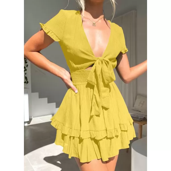 imagePRETTYGARDEN Womens 2024 Summer Swing Mini Dress Tie Front V Neck Short Sleeve Ruffle Layer ALine Short DressYellow