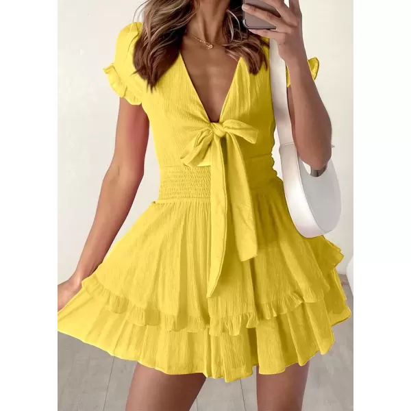 imagePRETTYGARDEN Womens 2024 Summer Swing Mini Dress Tie Front V Neck Short Sleeve Ruffle Layer ALine Short DressYellow