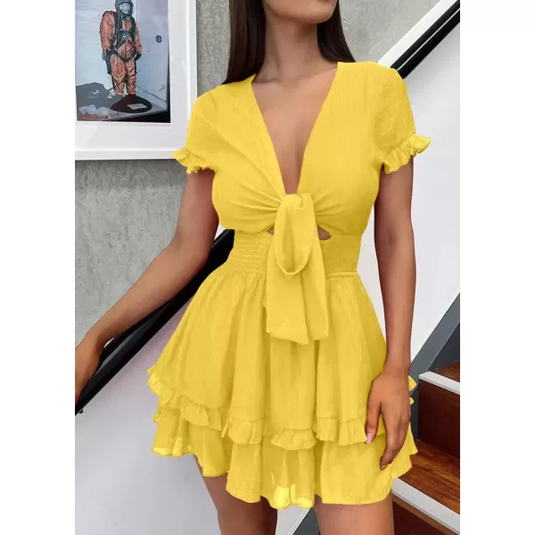 imagePRETTYGARDEN Womens 2024 Summer Swing Mini Dress Tie Front V Neck Short Sleeve Ruffle Layer ALine Short DressYellow
