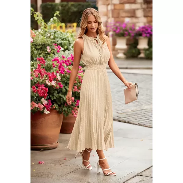 imagePRETTYGARDEN Womens Midi Summer Dresses Casual V Neck Swiss Dot Ruffle Sleeveless A Line Beach Sun DressApricot