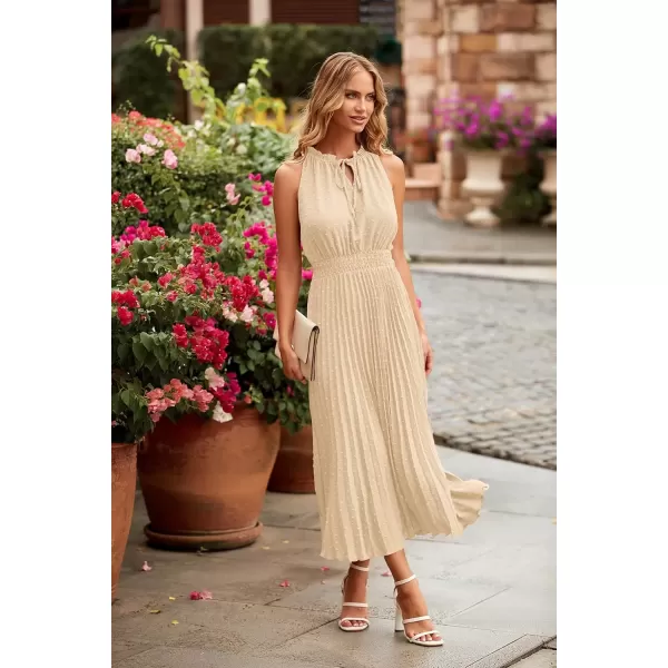 imagePRETTYGARDEN Womens Midi Summer Dresses Casual V Neck Swiss Dot Ruffle Sleeveless A Line Beach Sun DressApricot