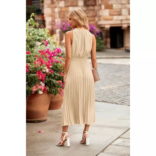 imagePRETTYGARDEN Womens Midi Summer Dresses Casual V Neck Swiss Dot Ruffle Sleeveless A Line Beach Sun DressApricot
